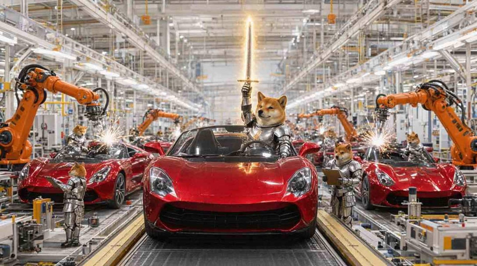 Factory line of red roadsters with small armored shiba workers