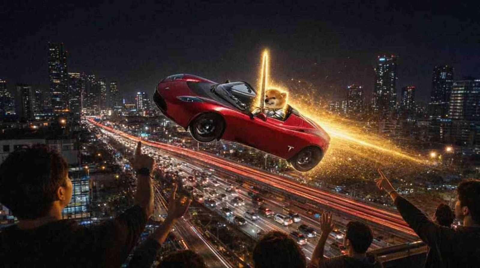 Roadster flying above a night highway with a trail of light