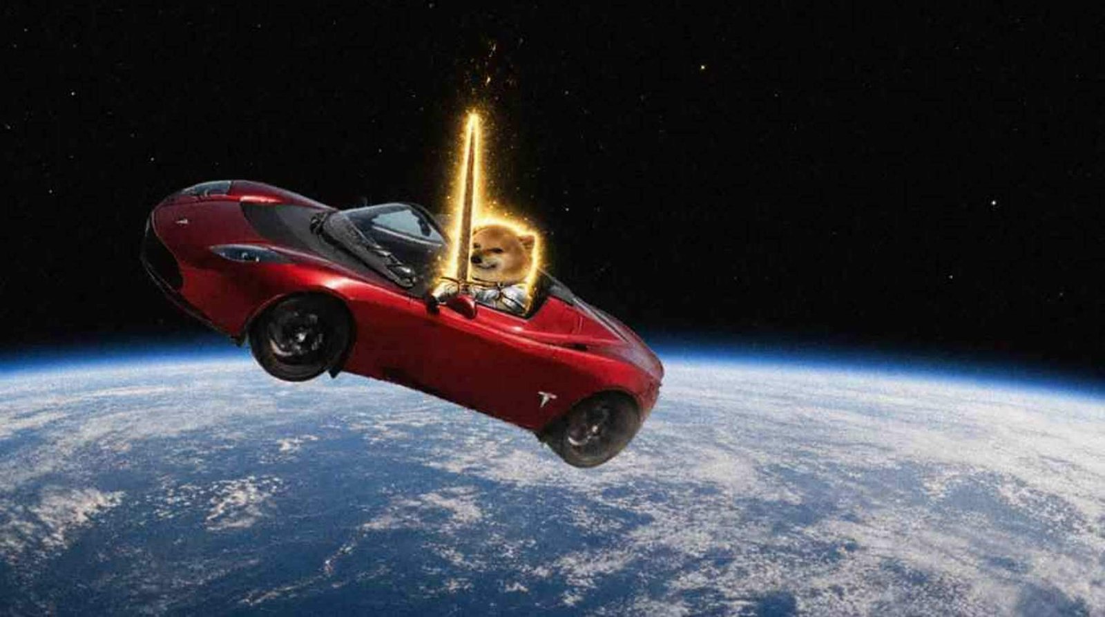 Roadster with the sword inu floating above Earth